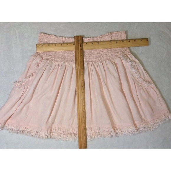 Ramy Brook Pink Fringe‎ Smocked Waist Mini Skirt Size Large Pockets Ruffle CUTE - Picture 6 of 9